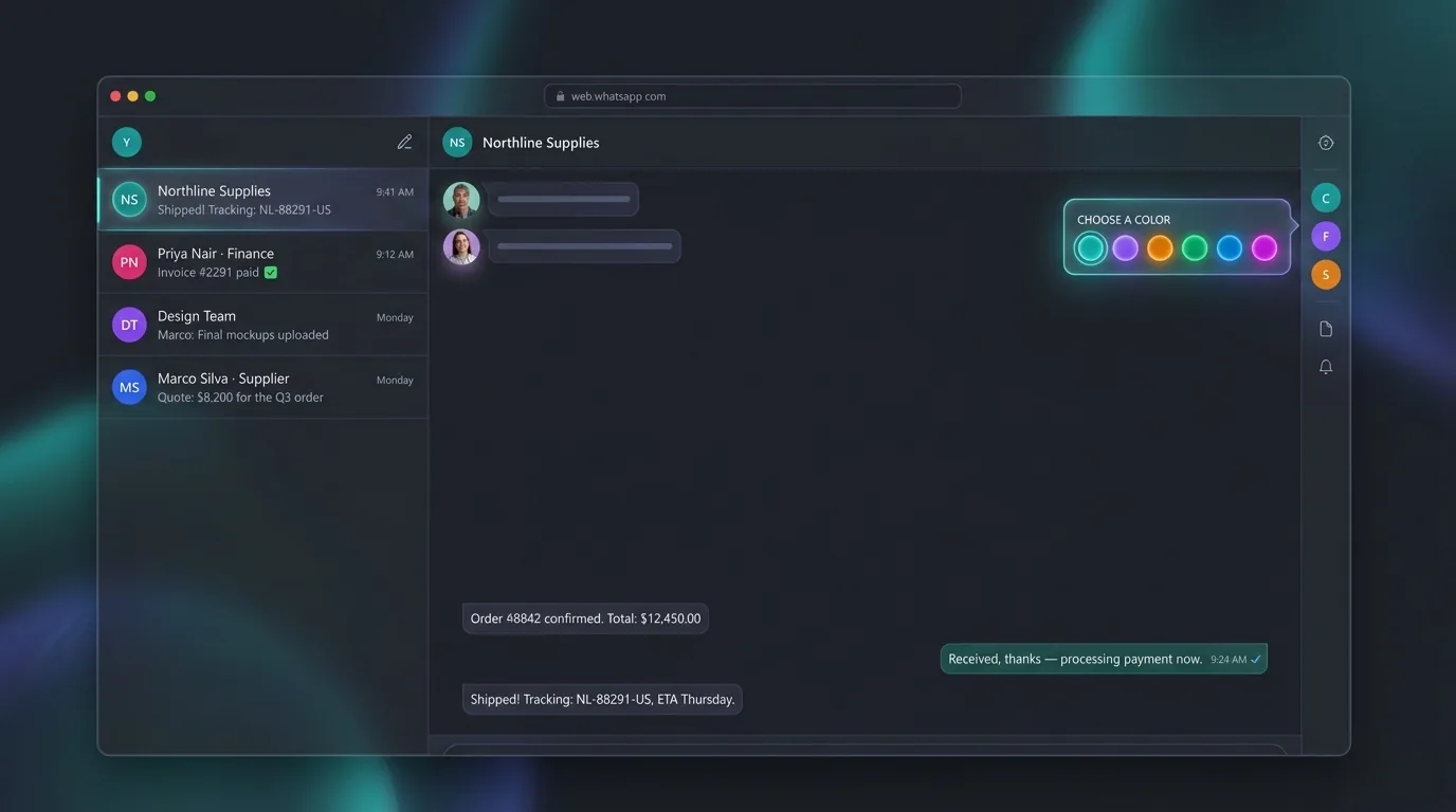 Colored List buttons in the WACompanion sidebar next to WhatsApp's chat list