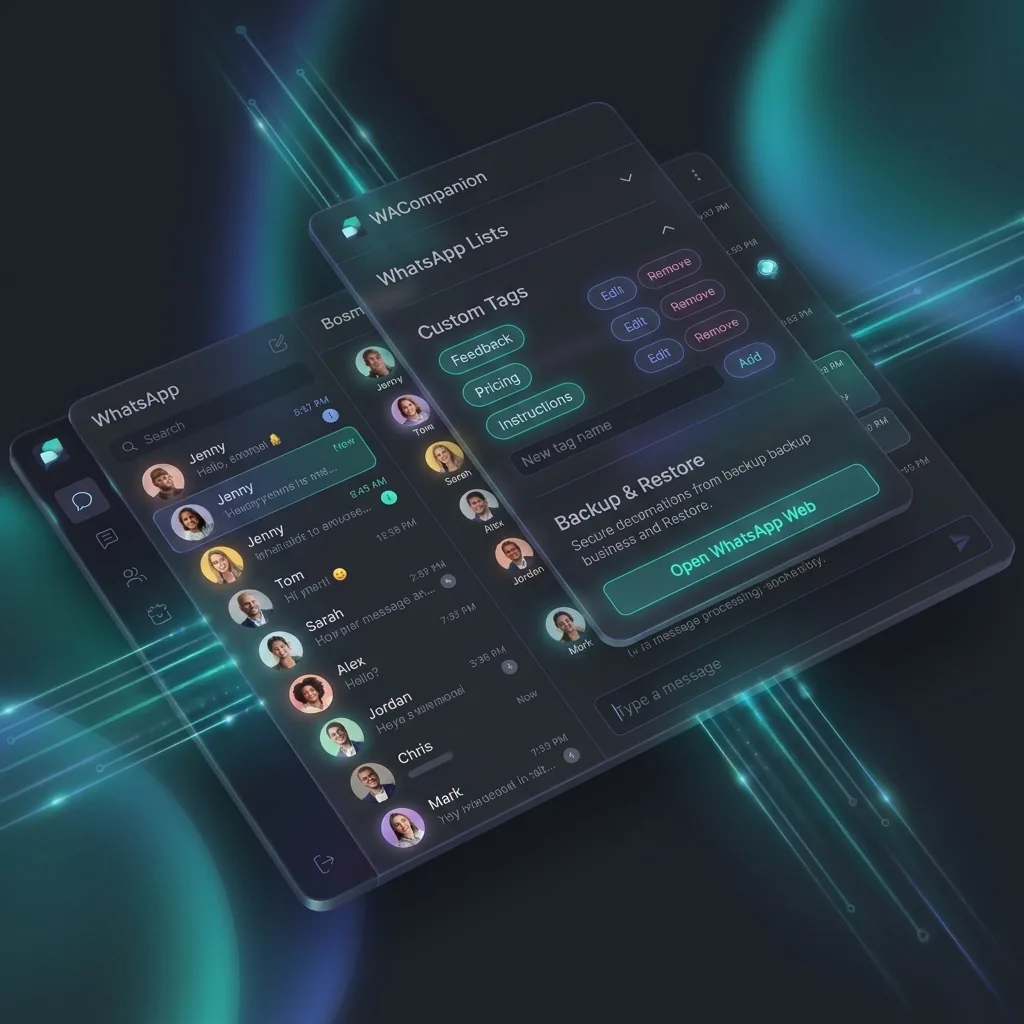 WACompanion's Lists, custom tags and settings panels layered over WhatsApp Web